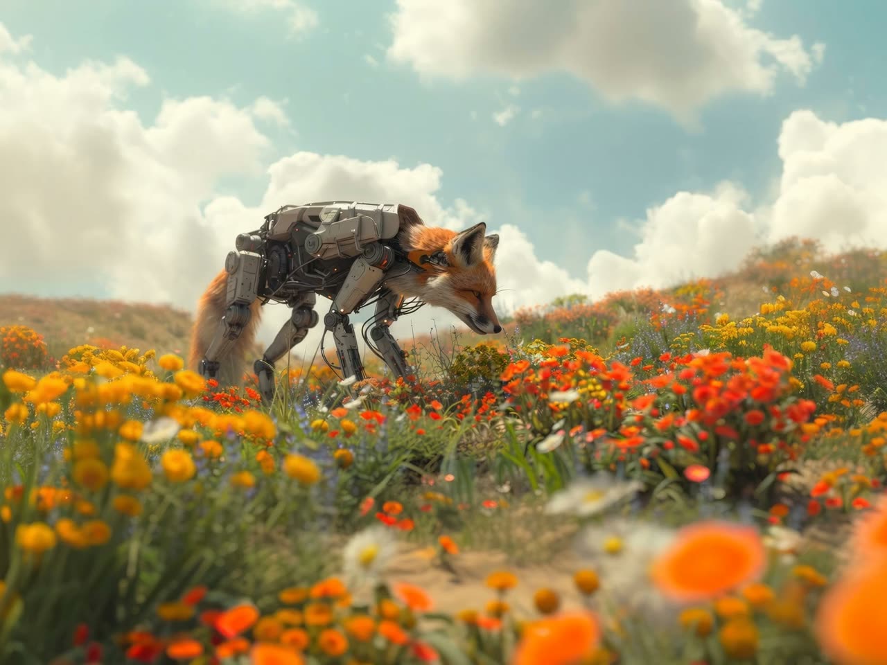 Sample frame from Seedance 2.0: Fox pads forward, flowers sway